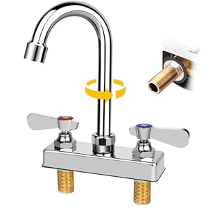 Commercial Bar Sink Faucet 4 Inch Center Deck Mount, 3-1/2″ Gooseneck Swivel Spout Hand Sink Faucet, 2 Hole Brass Constructed & Chrome Polished with Dual Lever Handles