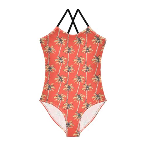 senya Girls Swimsuits One-Piece Swimwear Tie Bathing Suit Beach Summer Round Neck 7-8T Palm Trees Orange Background Pattern