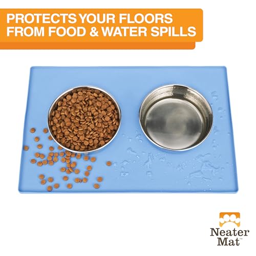 Image of Neater Pet Brands Neater Mat Pet Mats for Food and Water, Cat & Dog Bowl Mat Waterproof Silicone, Feeding Tray, Dog Food Mats for Floors, Placemat w /Raised Edge for Under Bowls, 32 inch x 24 inch, Light Blue