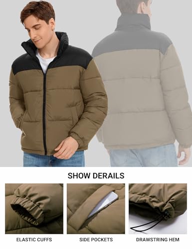 Image of PEHMEA Men's Puffer Jacket Stand Collar Zipper Coat with Pockets Retro Bubble Outwear for Winter