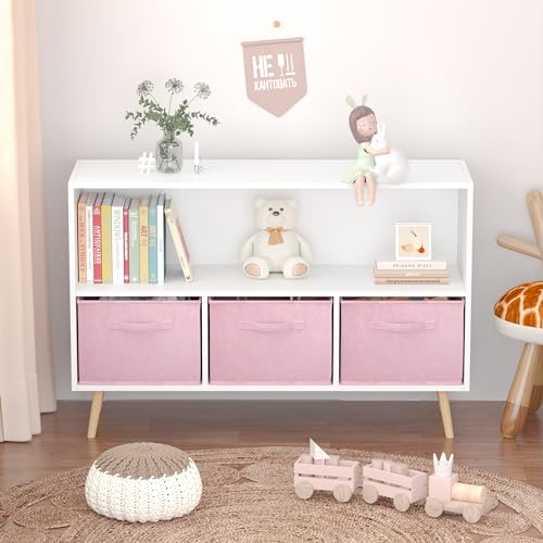 Kids Bookshelf Toy Storage Organizer with 3 Collapsible Fabric Drawers and Pine Legs Children's Book and Toy Display Organizer Cabinet Wooden Bookcase for Kids Nursery Room , Playroom (White+Pink)
