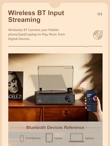 Image of Record Player Vintage Turntable for Vinyl Records Built-in Stereo Speakers LP Phonograph Auto Stop Tone Adjustment Belt Drive 3 Speed 3 Size Support Wireless Input RCA Output Retro Coffee Brown