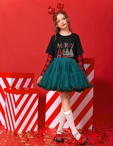 Image of Arshiner Girls Christmas Halloween Long Sleeve Shirts Graphic Stripe Plaid Patchwork Top Tee