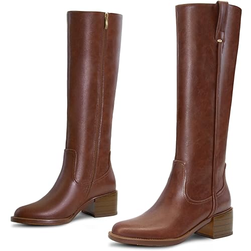 Image of Women's Knee High Boots Chunky Low Block Heel Round Toe Faux Leather Rinding Boots with Side Zip Fashion Tall Boots for Women