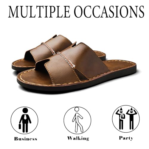 Image of Men's Leather Cutout Slides Sandals Comfortable Lightweight Open Toe Anti-Slip Soft Bottom Slip On Slippers Summer Outdoor Casual Beach Sandals
