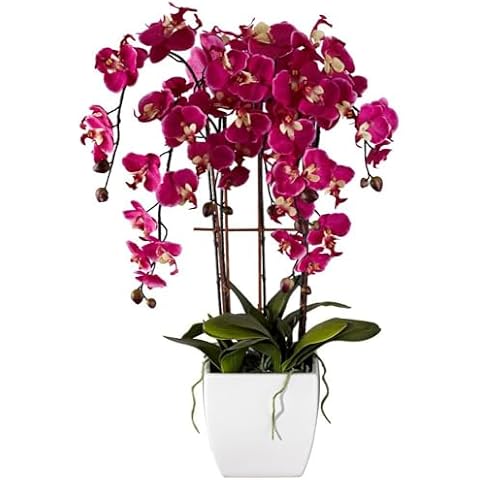 Dahlia Studios Potted Silk Faux Artificial Flowers Arrangements Realistic Purple Fuchsia Orchid in White Ceramic Pot for Home Decoration Living Room Office Bedroom Bathroom Kitchen 29" High Cover