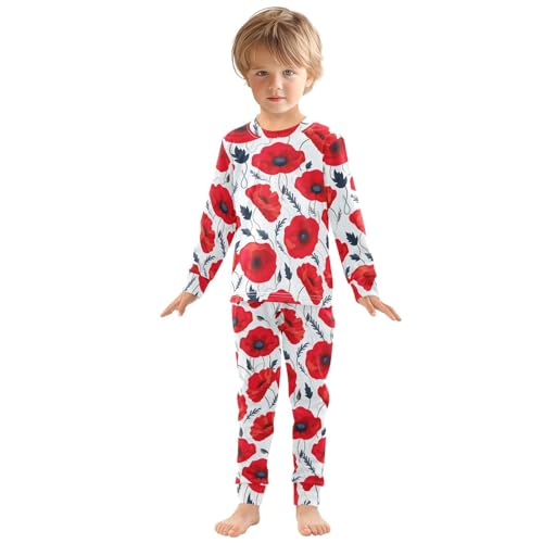 SPRIPORT Red Flowers Poppies White Soft Comfy Pajama Set Sleepwear 2 Piece Pjs Set Cotton Long Sleeve Top and Pants3