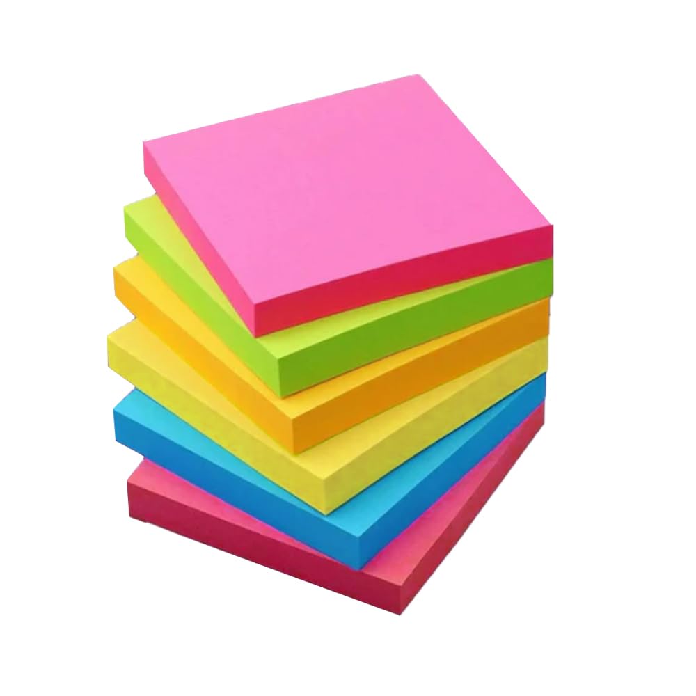 AMERTEER Sticky Notes – 6 Bright Colors Self-Stick Pads, Recyclable Super Sticking Power Pads Strong Adhesive | Extra Sticky Notes For Office, Home, School 100 Sheets/Pad
