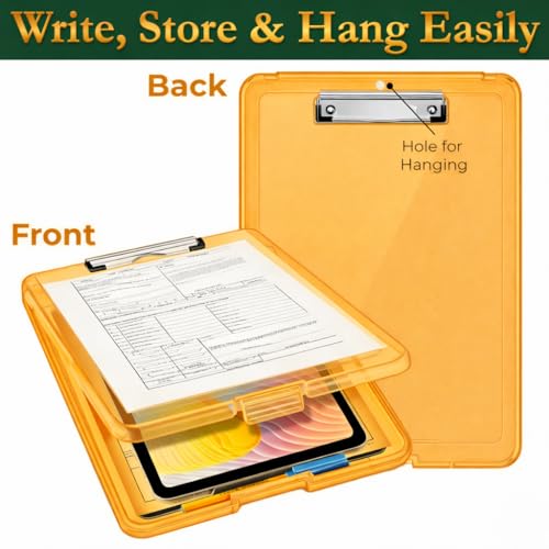 Image of Yajnas A4 Size Clipboard with Storage Box | 180 Foldable Exam Pad & Writing Board | Heavy Duty Plastic File Folder with Pen Holder & Paper Storage for Students, Office & Field Use (Saffron)