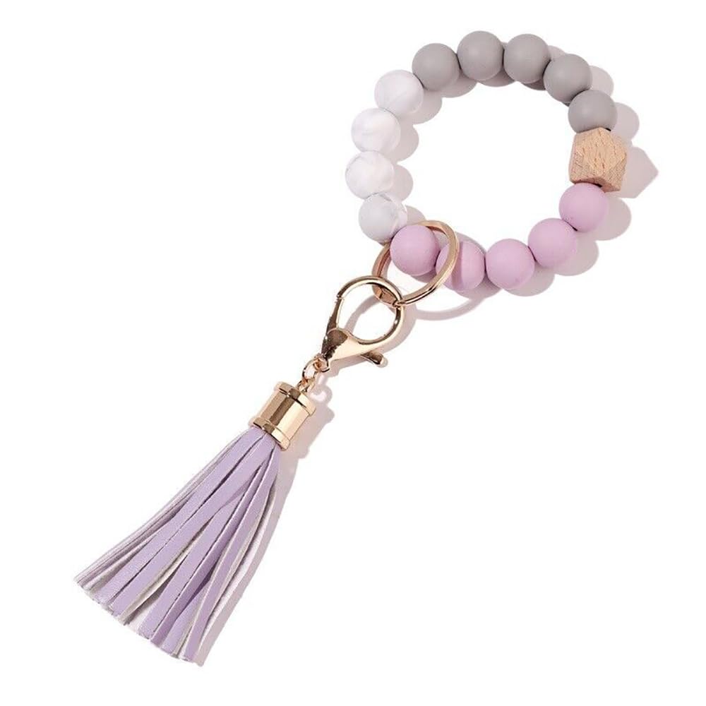 Womens Fashion Keychain Silicone Beads Tassels Bracelet Portable Wrist Keyrings, Lilac, S