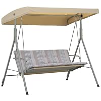 Outsunny 3 Seater Garden Swing Chair Patio Swing Bench with Tilting Canopy, Removable Cushion, Light Brown Top, Brown
