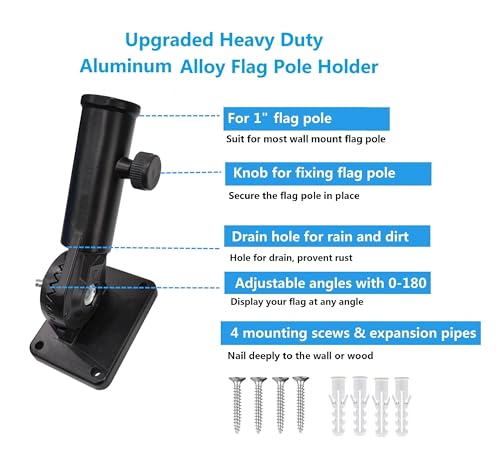 Adjustable Aluminum Wall Mount Flag Pole Bracket, Multi-Position 1-inch Heavy Duty Metal Flagpole Mount (Pack of 1, Matte Black)
