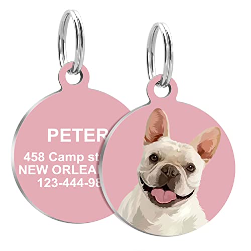 Kinyablue Personalized Dog Tags, Print Round Stainless Pet Id Tags, Dog Name Tags, Custom Dog Tags,Engraved On Both Sides,For French Bulldog, Medium Size #TOP8