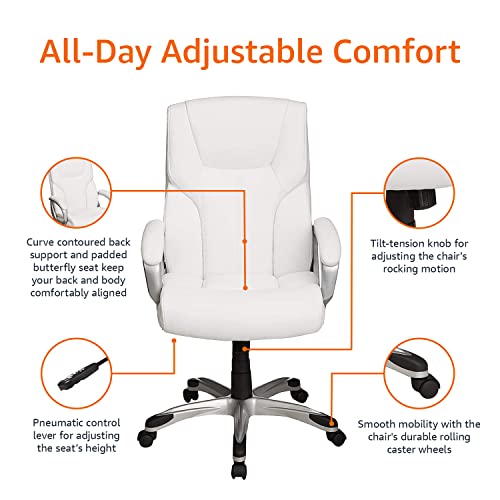 Image of Amazon Basics Executive High Back Office Desk Chair, Adjustable Height, Tilt, Swivel, 275lb Capacity, Bonded Leather, White /Pewter