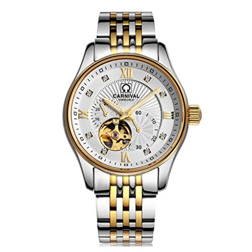 CARNIVAL Relojes para Hombre, Automatico Reloj Mecanico Escala de 24 Horas Estilo de Negocios Impermeable Relojes de Pulsera 8612G (Color : Steel Strap - Gold White)