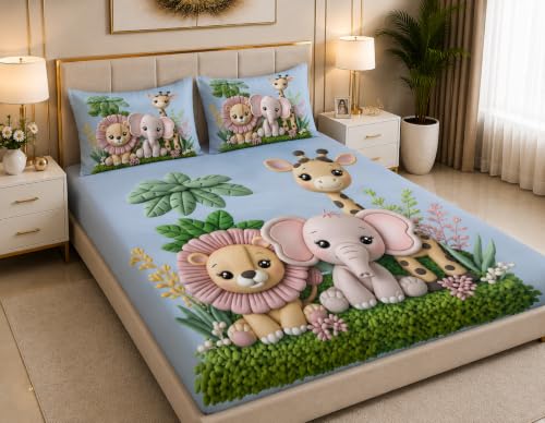 Image of 7D Digital Printed King Size Bedsheet | 240TC Premium Cotton Feel Microfiber with 2 Pillow Covers | Soft Breathable & Wrinkle Free Bedding Set | (Jungle, King Size-90x100 Inch)