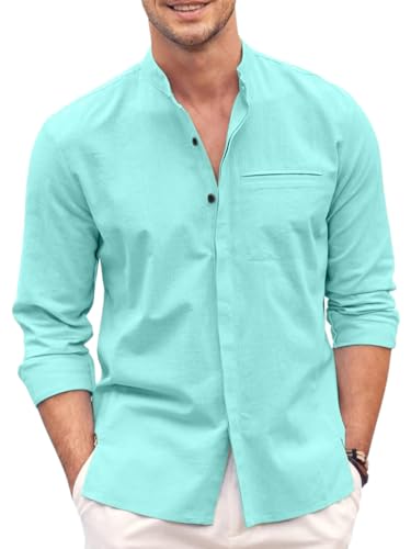 Image of Mens Casual Button Down Shirt | Cotton Luster Long Sleeves Shirts | Mandarin Collared Shirts