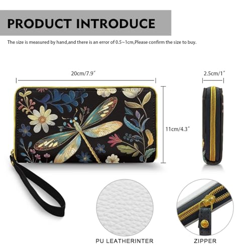 Dragonfly Flowers Leather Zip Around Wallet for Women Wristlet Clutch, Retro Dragonflies Floral Long Billfold Wallets for Credit Card, Cash, Coin, Bill4