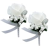 YANJINGHE 2 Stücke Rose Ansteckblume, Boutonniere Anstecknadel, Hochzeit Ansteckblume, Handgefertigt Künstliche Blume Herren Ansteckblume mit Pin und Clip für Hochzeit, Abschlussball, Party(Weiß)