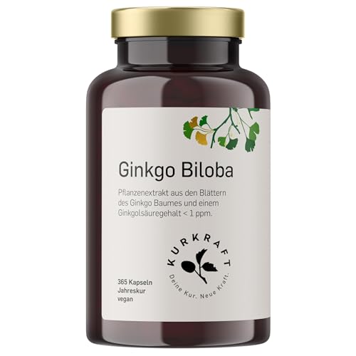 Kurkraft Ginkgo Biloba - 365 Kapseln OHNE Trennmittel - 50:1 Extrakt - Flavonglykoside + Ginkgolid-Terpenlactone - unter 1ppm Ginkgolsäure - Vegan