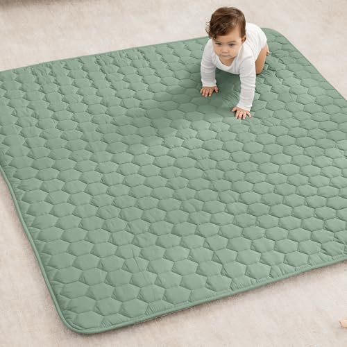 Image of Comfy Cubs Square Kids Play Mat - 56 x 56 inches Soft Quilted Baby Floor Mat with Non-Slip Bottom - Plush Design for Toddlers' Playtime - Comfortable and Durable - Fern