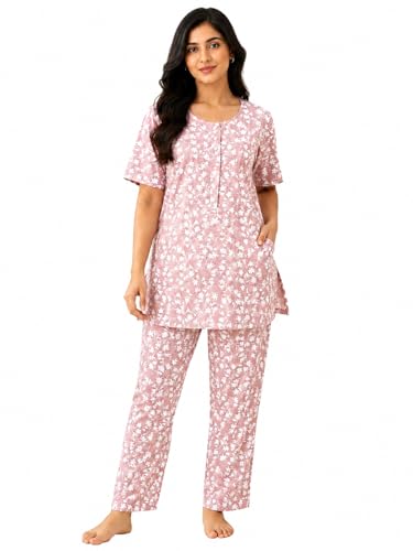 Image of KIAWAH Women Printed Night Suit Set, Cotton Blend Night Suit, A-Line Top and Pajama Set, Soft and Breathable Night Wear