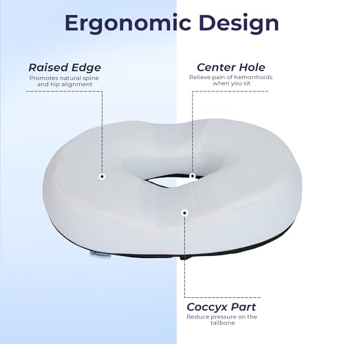 Image of Billebon Orthopedic Memory Foam Donut Pillow for Tailbone Pain| Coccyx Seat Cushion for Piles & Hemorrhoids| Sciatica| Prostate| Post-Natal| Pregnancy Pain Relief| Breathable Mesh Cover - White