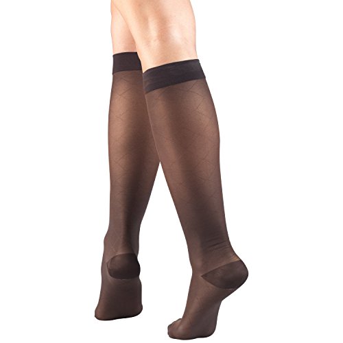 Image of Truform Sheer Compression Stockings, 15-20 mmHg, Women's Knee High Length, Diamond Pattern, Charcoal, Large