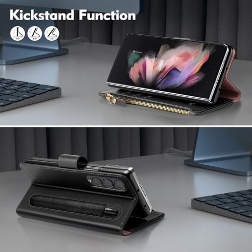 Shieldtop AZ-GALAXY Z FOLD 3 5G-01 For Samsung Galaxy Z Fold 3 5G Wallet Case With S Pen Holder,Women Man Rfid Blocking Pu Leather Flip Cover Wrist Strap Zipper Credit Card Holder Slots,Phone Case thumb #6