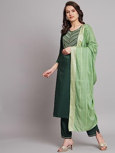 Image of VredeVogel Women Cotton Slub Straight Kurta Set With Pant and Net Embroidery Dupatta