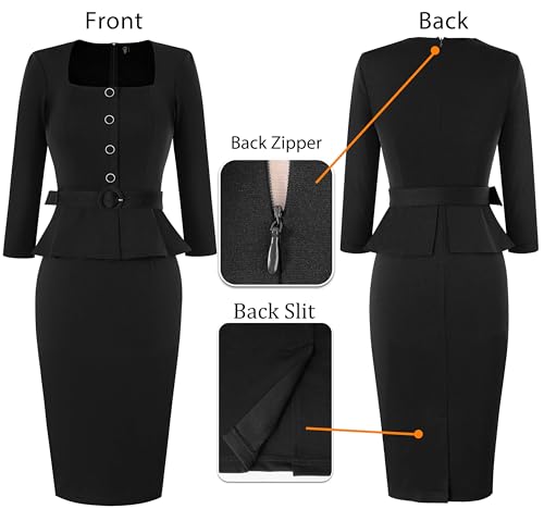 VFSHOW Womens Square Neck Peplum Buttons Belted Business Work Office Slim Pencil Sheath Dress4