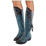 Binggong Reisverschluß Stiefel Damen Cowboystiefel Langschaftstiefel mit Absatz Leder Nieten Stiefel Elegant Damenschuhe rutschfeste Bequeme Winterschuhe Schöne Stiefel Winterstiefel