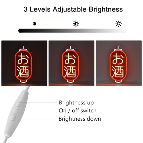 Image of Japanese Sake Neon Sign， Izakaya Bar Wall Decor LED Light Sign | Funky Neon Lights Hanging Wall Art Decoration for Japanese Restaurant Men Cave Bar Club Shop, USB Powered Dimmable,16*7.8in