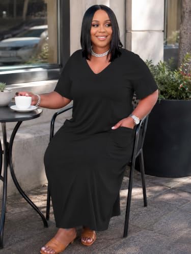 Image of Plus Size Maxi Dress for Women Short Sleeve V Neck Casual Loose Sundress with Pockets