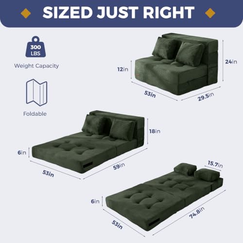 Image of MAXYOYO Convertible Sofa Bed, Fold Out Sofa Couch with Pillow for Adults | Loveseat Sofa 4 in 1 Tufted Folding Couch Bed Foam Floor Couch, Lazy Chair for Living Room Bedroom Guest Room, Dark Green