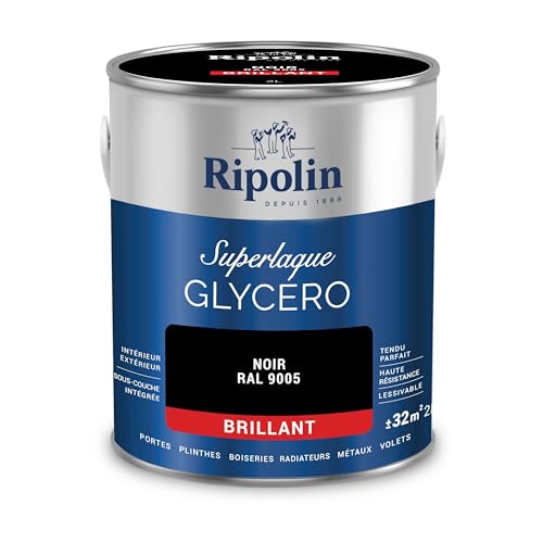 RIPOLIN - Peinture Laque Glycéro Intérieure/Extérieure - Boiseries et Structures Métalliques - Résistance Accrue - Durabilité Remarquable - Noir Ral 9005 - Brillant - 2L