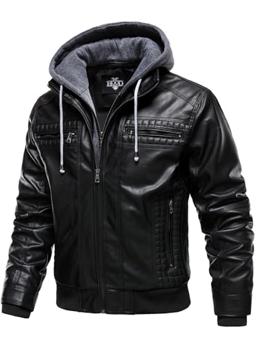 HOOD CREW Men Faux Leather Jacket with Detachable Hood Casual Motorcycle Bomber Jackets Outerwear4