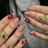 RIIRCSGE 24 piezas uñas postizas almendra rojas estilo francés, uñas cortas con diseño 3D de rayas doradas, uñas artísticas de flores, puntas de uñas acrílicas para mujeres y niñas