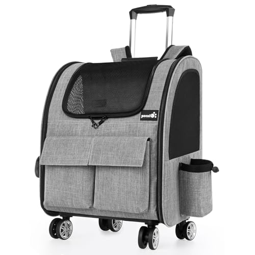 Hunderucksack mit Trolley 2 in 1 bis 10 kg, Katzenrucksack Große Katzen mit Rollen für Transport, Abnehmbarer Faltbarer Hundetrolley mit Fenster, Leichte Hundewagen für Welpen Haustiere Grau