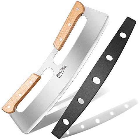 14Inch Pizza Cutter Rocker Style FENGCHEN Very Sharp Pizza Knife Cutter,Suitable For Fruit Salad Bread Type Chopped Sliced,Black Protective Case Double Wooden Handle Handle Cover