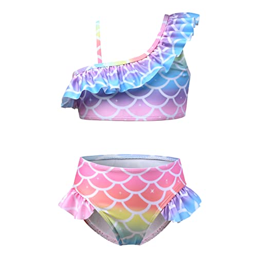 Image of QPANCY Girls One Shoulder Swimsuits Kids Two Piece Bathing Suits Ruffle Beach Swimwear