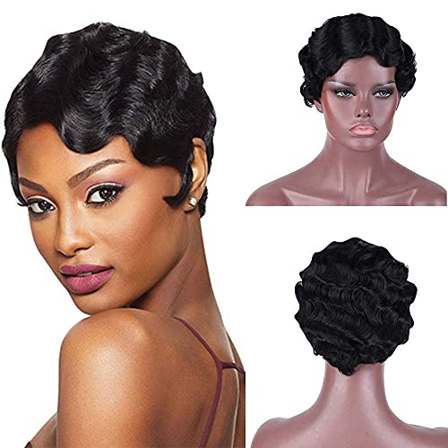 Brybana Short Wavy Wig - Curly Black Cute African Wigs for Women & Moms - Real Retro Natural-Looking