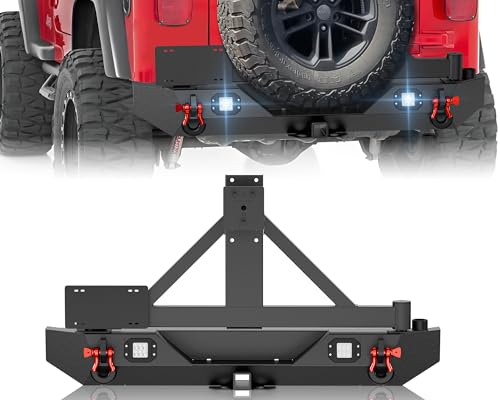 Image of for Wrangler TJ YJ LJ Rear Bumper with Adjustable Spare Tire Carrier Compatible with 1987-2006 Jeep Wrangler TJ YJ LJ with LED Lights, License Plate Frame, 2 inch Hitch Receiver & D-rings, Black