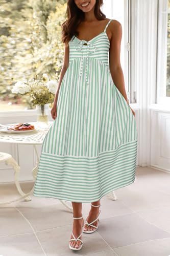 Image of Fashionme Womens Summer Maxi Dresses 2026 Trendy Striped Vacation Boho Beach Spaghetti Strap Sundress Back Tie with Pockets