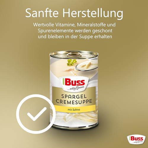 Buss Klassische Suppen - Spargelcremesuppe verfeinert mit Sahne - Besonders cremige Spargelsuppe - Schnelle vegetarische Fertiggerichte zum Aufwärmen in Mikrowelle & Topf - Lange haltbar - 12 x 400g – Bild 6