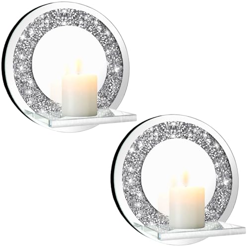 ZOLAPI Set of 2 Crystal Crush Diamond Candle Sconces, Gorgeous Silver Mirrored Wall Sconce, Candle Holder Glass Wall Decorations for Home Décor, Living Room, Dining Room.Round