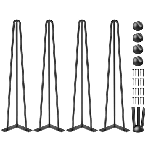 VEVOR Hairpin Table Legs 20' Black Set of 4 Desk Legs 880lbs Load Capacity (Each 220lbs) Hairpin Desk Legs 3 Rods for Bench Desk Dining End Table Chairs Carbon Steel DIY Heavy Duty Furniture Legs