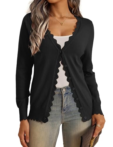 VERABENDI Womens Cardigans Lightweight Long Sleeve V Neck Button Down Cute Scalloped Edges Cardigan Sweaters for Women