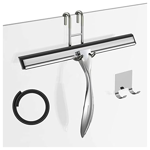Shower Squeegee for Glass Door 12-Inch Stainless Steel Bathroom Squeegee Window Wiper, Includes Shower Door Hook, Adhesive Hook, and Spare Silicone Blade for Window Mirror Car All-Purpose Squeegee