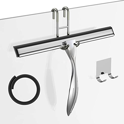 Image of Shower Squeegee for Glass Door 12-Inch Stainless Steel Bathroom Squeegee Window Wiper, Includes Shower Door Hook, Adhesive Hook, and Spare Silicone Blade for Window Mirror Car All-Purpose Squeegee